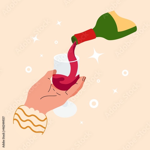 Hand holds glass wineglass into which red wine is poured. Filling a glass with aged wine. Colorful graphic concept with goblet for sommelier or wine restaurant. Vector illustration on isolated color