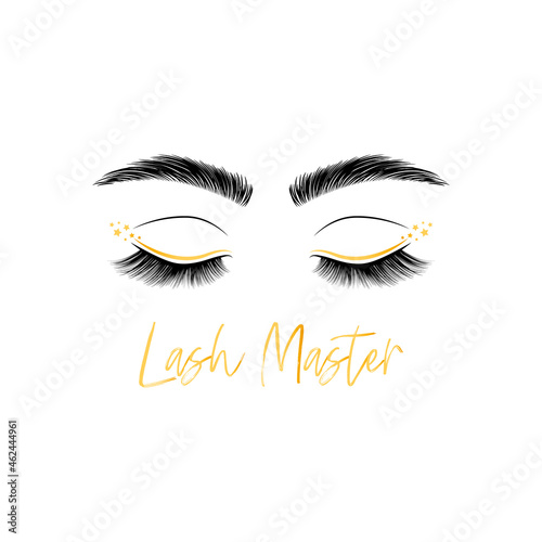 Women's eyes with long eyelashes and fashionable eyebrows illustration. Lash master and brow master logo for beauty salon