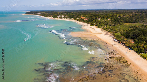 Praia do Espelho, Porto Seguro, Bahia. Aerial view of Praia do Espelho with reefs, corals and cliffs