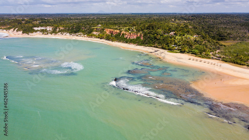Praia do Espelho, Porto Seguro, Bahia. Aerial view of Praia do Espelho with reefs, corals and cliffs