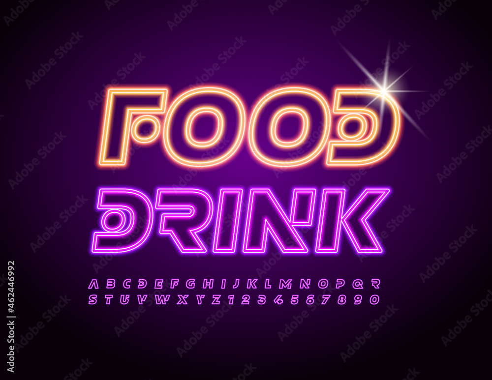 Vector trendy Logo Food and Drink. Creative Bright Font. Glowing Neon Alphabet Letters and Numbers set