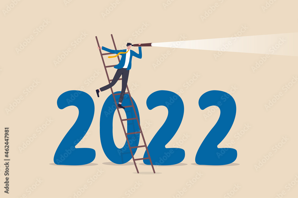 Year 2022 economic outlook, forecast or visionary to see future ahead, challenge and business opportunity concept, smart businessman climb up ladder to see through telescope on year 2022 number. - obrazy, fototapety, plakaty 
