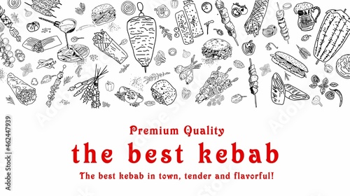 Shawarma cooking and ingredients for kebab. Doner kebab hand drawn. Fast food menu design elements. Restaurant cafe menu, template design. Food flyer. Vector.