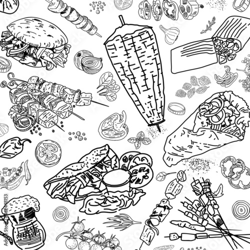 Shawarma cooking and ingredients for kebab. Seamless pattern of doner kebab. Middle eastern food. Fast food menu design elements. Restaurant cafe menu, template design. Food flyer. Vector.