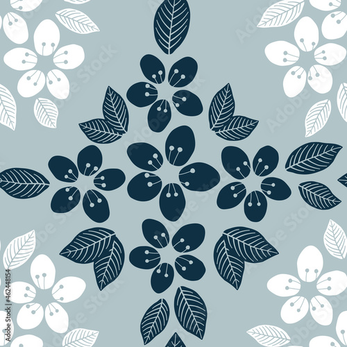Vector grey, white and navy delicate cherry blossom flower geometric seamless pattern. Perfect for fabric (clothing, bedding, curtains, upholstery), wallpaper, stationery and scrapbooking.