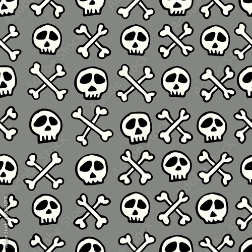 Vector grey and white doodle skulls and crossbones seamless pattern. Hand drawn, lighthearted and funny design ideal for Halloween. Perfect for fabric, wallpaper, scrapbooking and stationery.