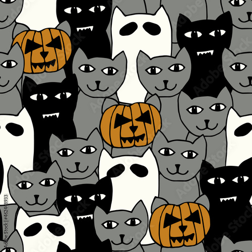 Vector Halloween cat doodle seamless pattern. Hand drawn, funny cat ghosts, vampires and pumpkin heads. Perfect for fabric, wallpaper, scrapbooking and stationery.