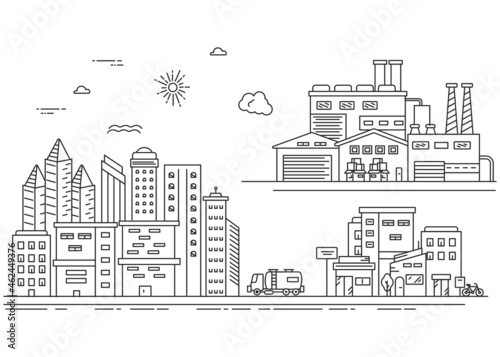 Urban activity with high buildings and industry in line style