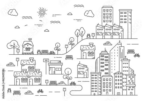 Urban illustration with village feel in thin line style