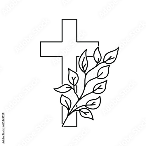 Christian cross with plant. Cross with flowers. Linear design of christian cross with branch. Vector illustration