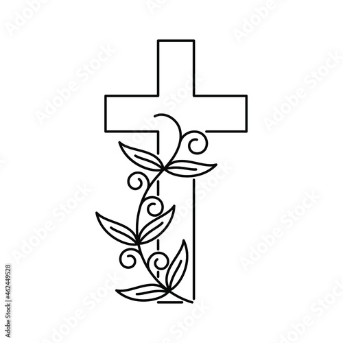 Christian cross with plant. Cross with flowers. Linear design of christian cross with branch. Vector illustration
