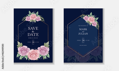 Watercolor Floral wedding invitation card, greeting card, save the date, multi-purpose vector with a navy blue background, pink roses, and green leaves.