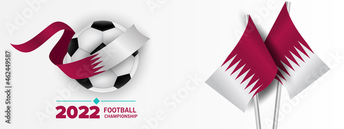 Football competition 2022. Qatar flag. Soccer ball and background. Realistic vector illustration.