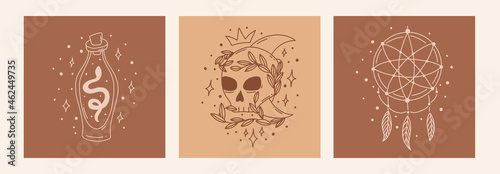 Boho mystic doodle esoteric set. Magic line art poster with dreamcatcher, poison bottle, skull. Bohemian modern vector illustration