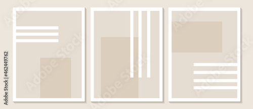 Trendy contemporary Abstract wall art, Set of 3 boho art prints, Minimal white shapes on beige. Creative Mid-century geometric minimalist artistic hand painted composition.