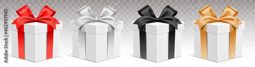 Vector set of white gift boxes with different color ribbons. Realistic 3D giftbox, isolated on transparent background.