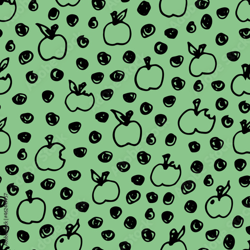 Vector green apple doodle seamless pattern. Hand drawn, fun and lighthearted design. Perfect for fabric, wallpaper, scrapbooking and stationery.