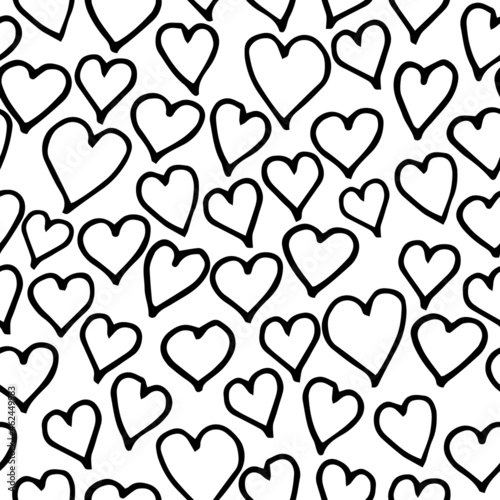 Vector black line work hearts on a white background seamless pattern. Hand drawn, fun and lighthearted design. Perfect for fabric, wallpaper, scrapbooking and stationery.