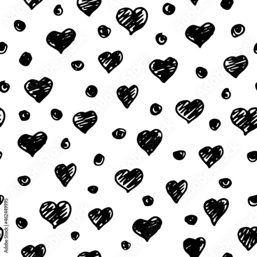 Vector black doodle hearts on a white background seamless pattern. Hand drawn, fun and lighthearted design. Perfect for fabric, wallpaper, scrapbooking and stationery.