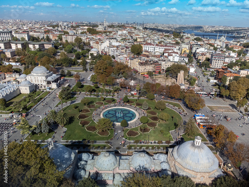 Aerial view on Istanbul square with tourists in historical center Sultanahmet