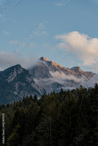 Photo Alpenglow on mountain peaks with forest