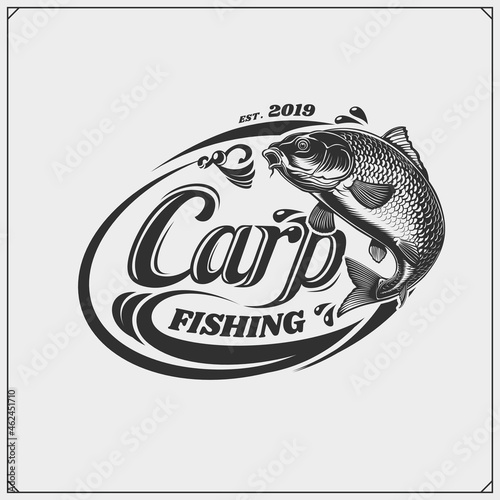 Carp fishing emblem. Black and white realistic graphics.