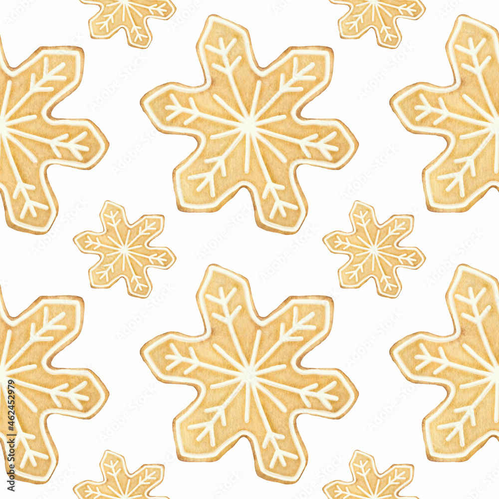 Beautiful Christmas pattern with cute snowflakes cookies. Perfect for printing, web, textile design, various souvenirs, scrapbooking and other ideas.