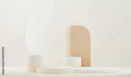 Minimal scene with podium and abstract background. Pastel beige and white colors scene. Trendy 3d render for social media banners  promotion  cosmetic product show. Geometric shapes interior. 