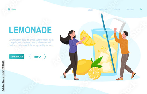 People prepare lemonade concept. Man and woman throw slice of lemon, ice and sugar into glass. Fresh fruit drink. Template for landing. Cartoon flat vector illustration isolated on white background