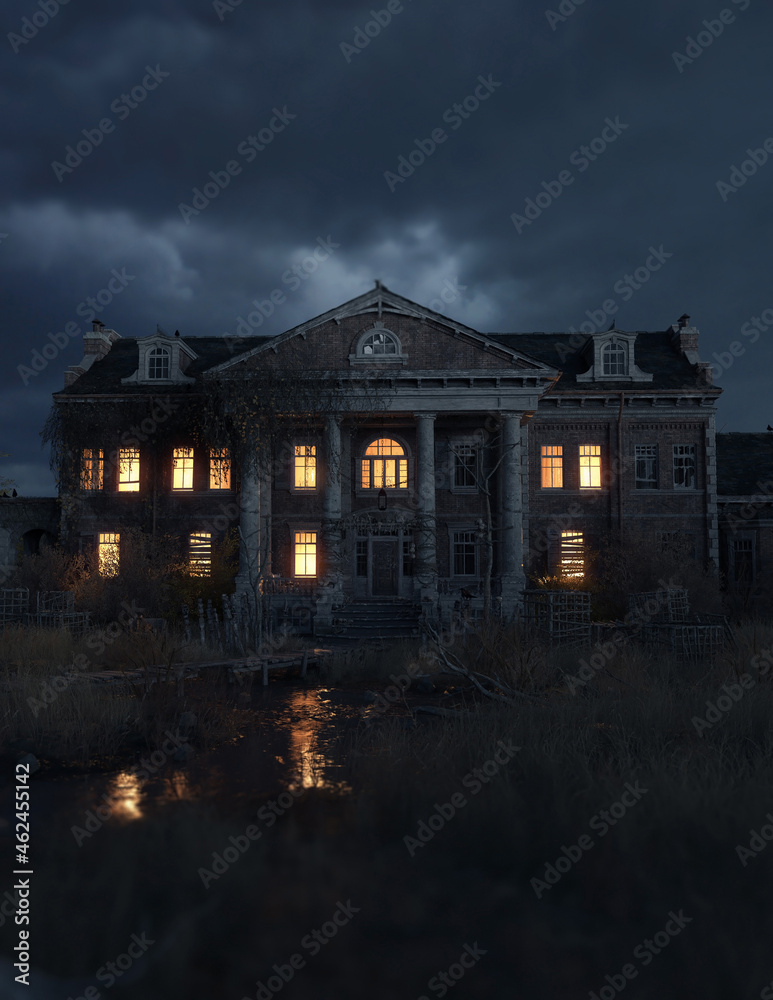 Ominous dilapidated and abandoned mansion with illuminated interior lighting under a dark cloudy sky. 3D rendering. - obrazy, fototapety, plakaty 