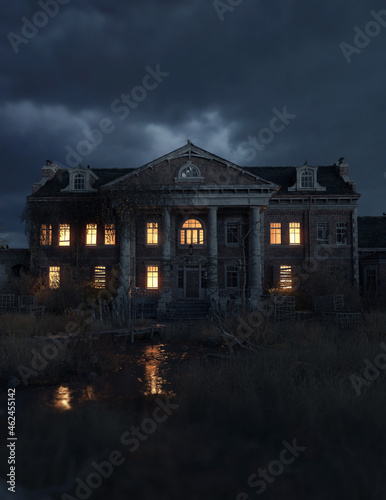 Ominous dilapidated and abandoned mansion with illuminated interior lighting under a dark cloudy sky. 3D rendering. photo