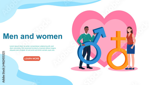 Sex education concept. Man and woman hold their gender signs against background of large heart. Template for landing page. Knowledge about opposite sex. Cartoon flat vector illustration for website