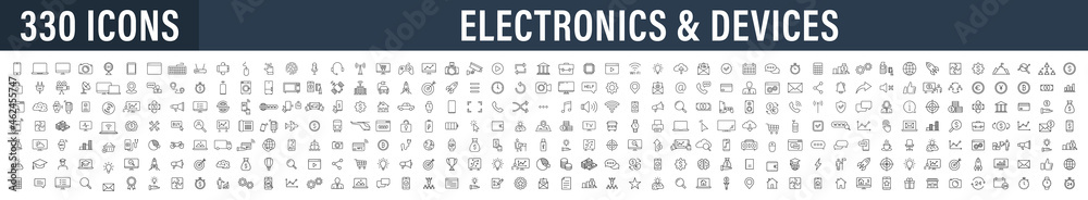 Set of 330 Technology and Electronics and Devices web icons in line style. Device, phone, laptop, communication, smartphone, ecommerce. Vector illustration. - obrazy, fototapety, plakaty 