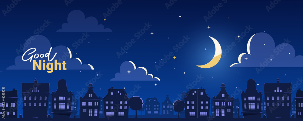Vector illustration of silhouette of night city street on dark blue sky background with cloud and shine moon. Flat style design with text - obrazy, fototapety, plakaty 