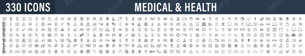 Set of 330 Medical and Health web icons in line style. Medicine and Health Care, RX, infographic. Vector illustration. - obrazy, fototapety, plakaty 