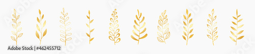 Set of gold laurels branches. Flower ornament dividers collection. Vintage laurel wreaths. Hand drawn vector laurel leaves decorative elements. Leaves, swirls, award, icon. Vector illustration.
