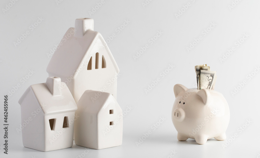 Houses and a Piggy Bank Isolated on White Background