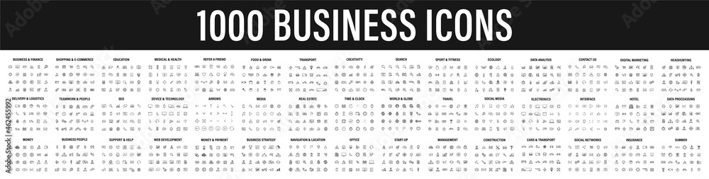 Set of 1000 Business icons. Business and Finance web icons in line style. Money, bank, contact, infographic. Icon collection. Vector illustration. - obrazy, fototapety, plakaty 
