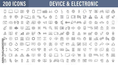 Big set of 200 Technology and Electronics and Devices web icons in line style. Device, phone, laptop, communication, smartphone, ecommercem, network, business, media. Vector illustration.