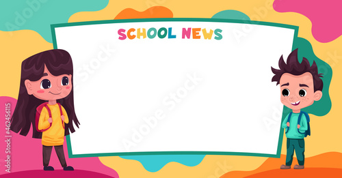 Cute kids, pupils students read school news. Space for your text. Template for advertising brochure. Funny cartoon characters. Vector flat illustration.