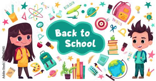 School supplies set with cute students. Ruler, apple, pens, brush, scissors, notebook, backpack, globe, watercolor. Children's subjects. Vector illustration flat style on a white isolated background.