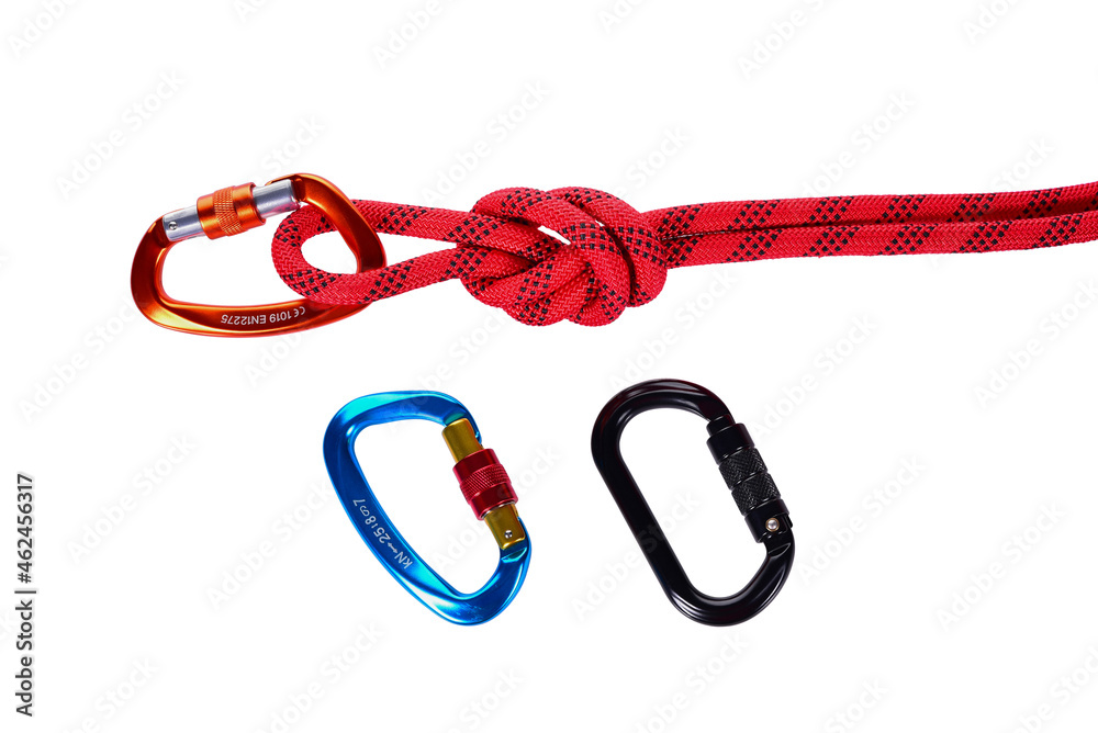 close-up view of red rope with knot and Blue, Orange, Black carabiner isolated on white close-up view of red rope with knot and Blue, Orange, Black carabiner isolated on white