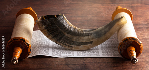 A Shofar Rams Horn and a Tora Scroll photo
