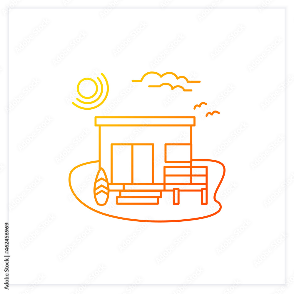 Beach hut gradient icon. Wooden comfortable house on beach. Surfboards. Seascape. Rest concept. Isolated vector illustration.Suitable to banners, mobile apps and presentation Beach hut gradient icon. Wooden comfortable house on beach. Surfboards. Seascape. Rest concept. Isolated vector illustration.Suitable to banners, mobile apps and presentation