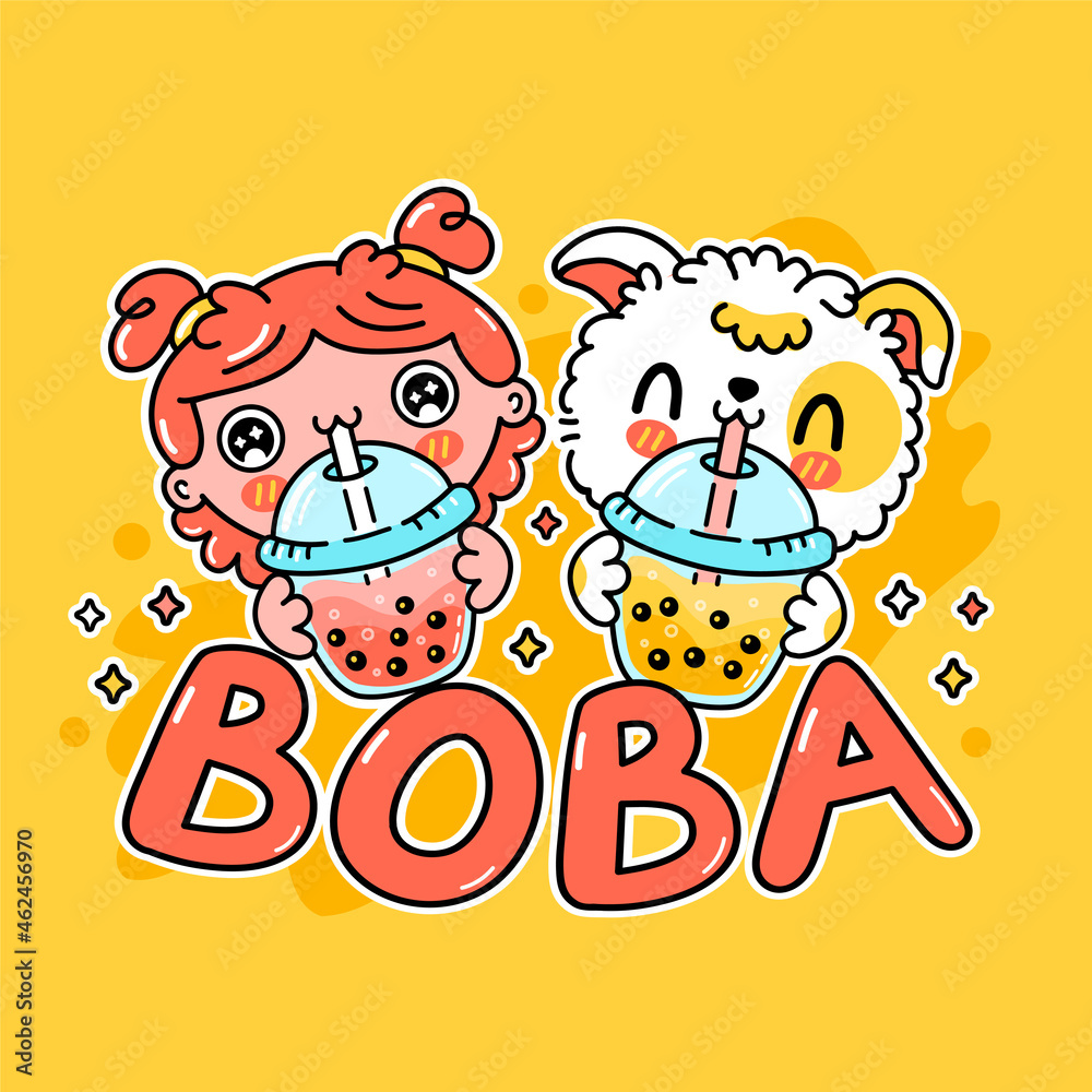 Cute funny dog and girl drink bubble tea from cup. Vector hand drawn cartoon kawaii character illustration sticker logo icon. Asian boba, puppy dog and bubble tea drink cartoon character logo concept - obrazy, fototapety, plakaty 