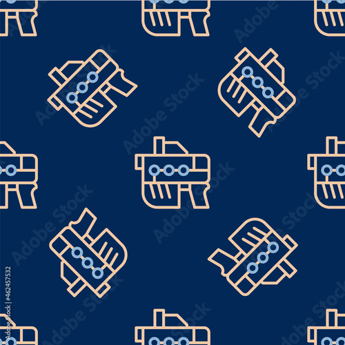 Line Futuristic space gun blaster icon isolated seamless pattern on blue background. Laser Handgun. Alien Weapon. Vector