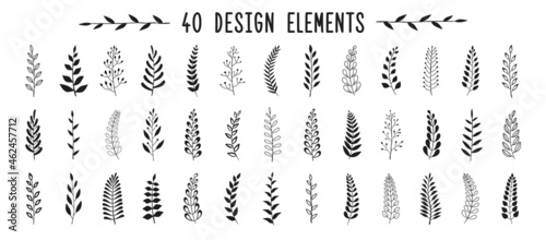 Set of black laurels branches. Flower ornament dividers collection. Vintage laurel wreaths. Hand drawn vector laurel leaves decorative elements. Leaves, swirls, award, icon. Vector illustration.