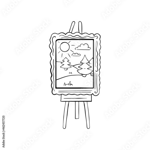 Painting with a landscape in a frame on an easel. Vector sketch doodle drawn by hand