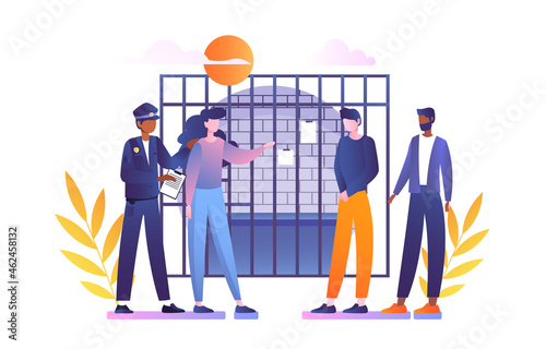 Girl points to criminal concept. Female witness stands in front of criminals and recognizes thief. Guilty person in police station. Cartoon flat vector illustration isolated on white background