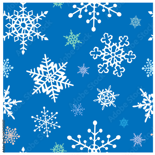 Seamless pattern with many pastel colors snowflakes on the blue background vector illustration